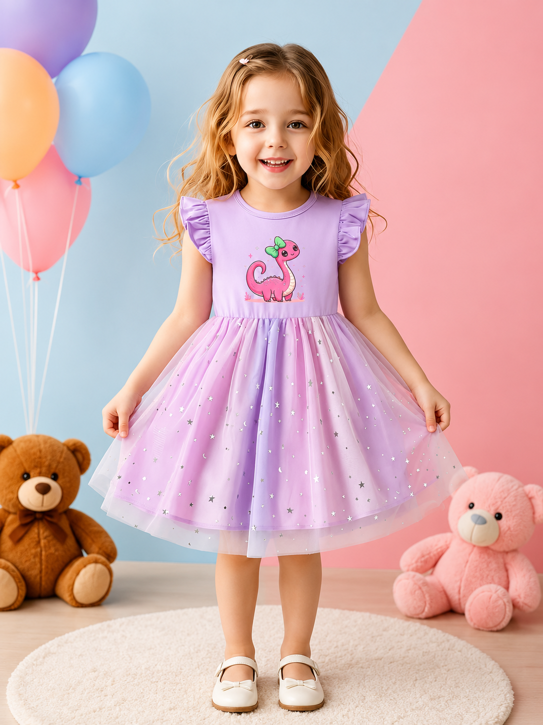 Vestido Morado con dinos niñas