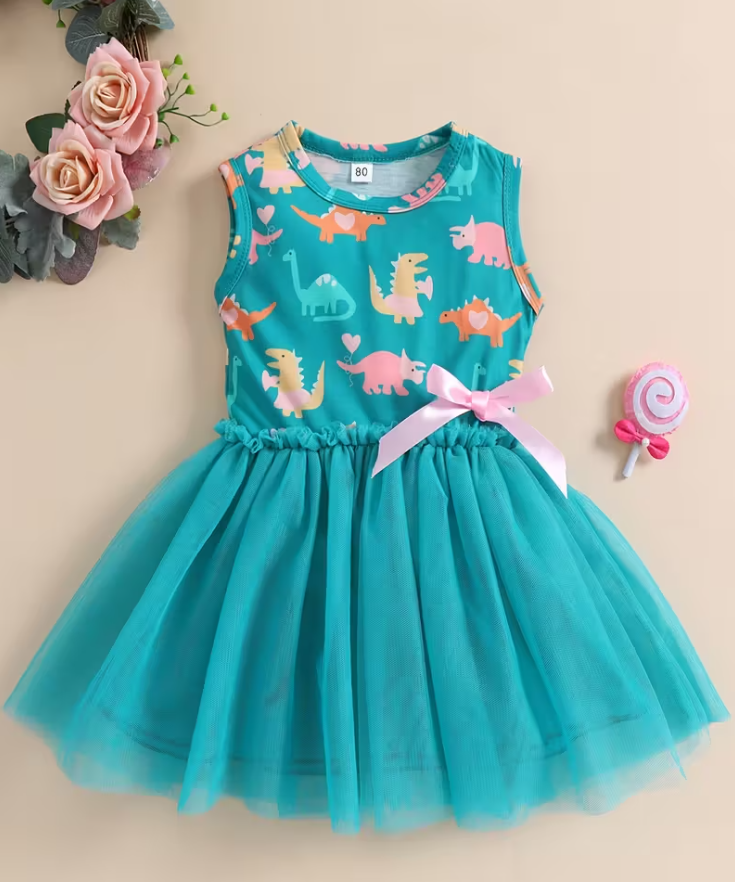 Vestido Turquesa con dinos de colores niñas