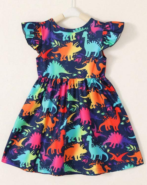 Vestido azul con dinos de colores niñas