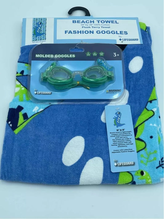 Toalla dinosaurio y lentes de natación