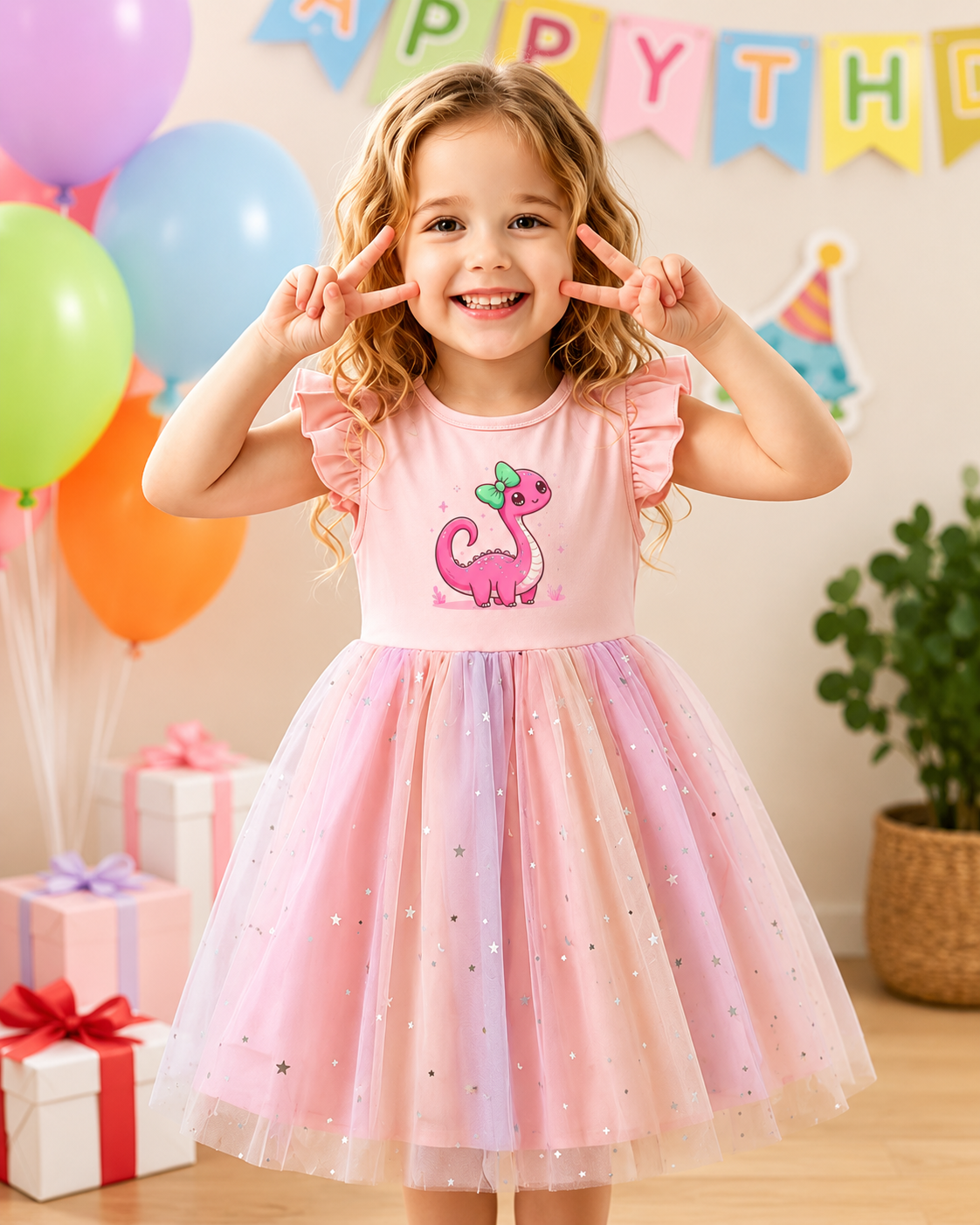 Vestido Rosado con dinos niñas